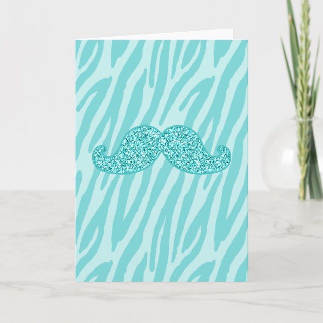Carte Parties scintillant TURQUOISE FILLE MUSTACHE ZEBRA (Devant)