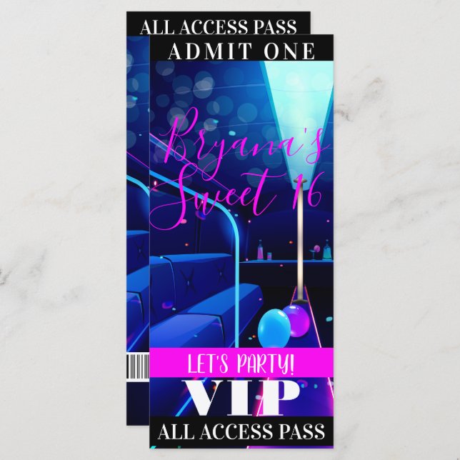 Carte Party Bus Sweet 16 All Access Pass VIP Ticket (Devant / Derrière)