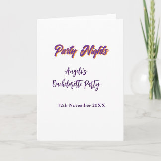 Carte Party nights bachelorette party name date purple
