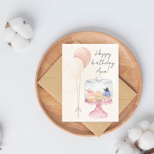 Carte Pastel Aquarelle Anniversaire avec Cupcakes (Créateur téléchargé)