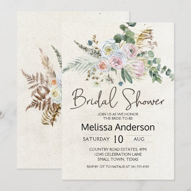 Carte Pastel Boho Neutre Floral Élégante Fête des mariée (Devant / Derrière)