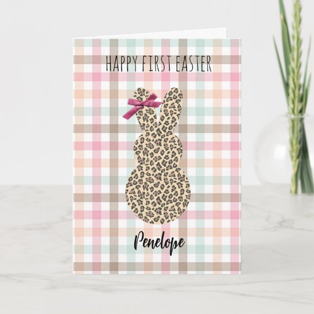Carte Pastel En vichy Leopard Bunny Joyeux 1er Pâques (Devant)