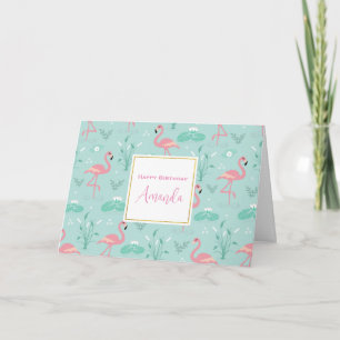 Carte Pastel Pink Flamants roses Vert Motif Anniversaire