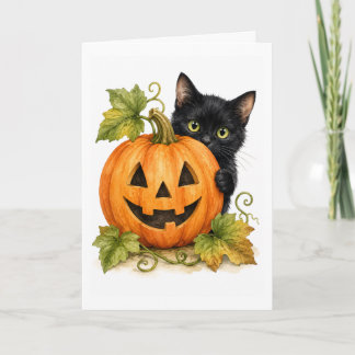 Carte Patch de citrouille Peekaboo Chat Noir Aquarelle C