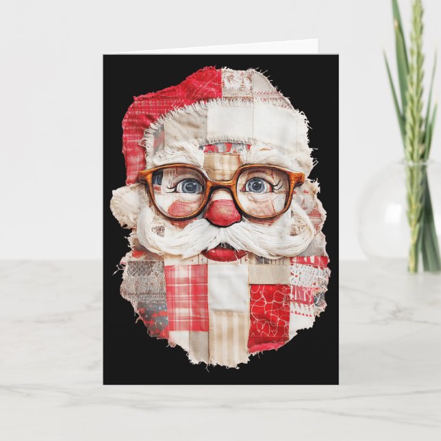 Carte Patchwork Santa Claus Face Preppy Girly Christmas  (Devant)