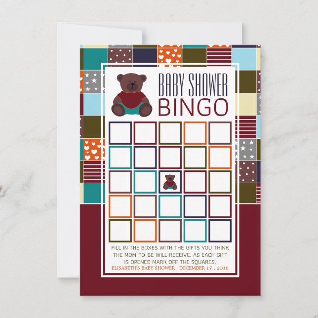 Carte Patchwork Teddy Bear, Baby shower Bingo (Devant)