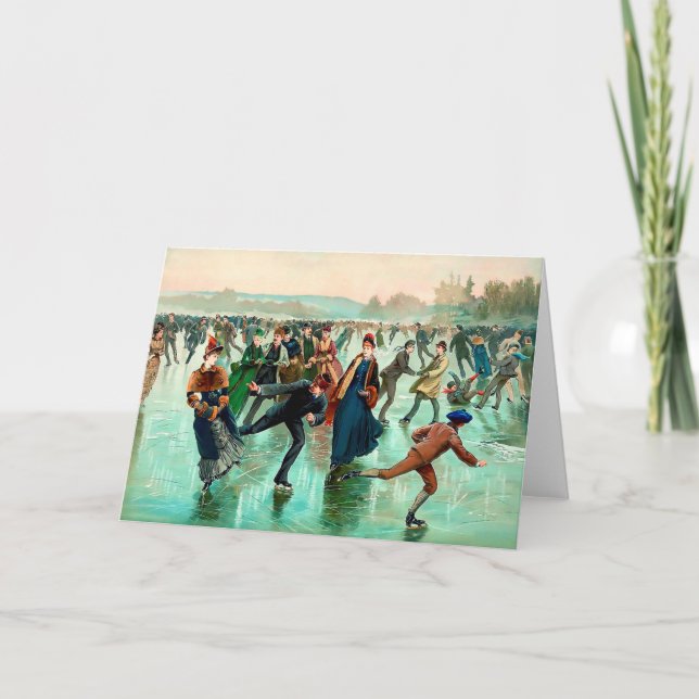 Carte Patinage sur glace victorien scène hivernale vinta (Devant)