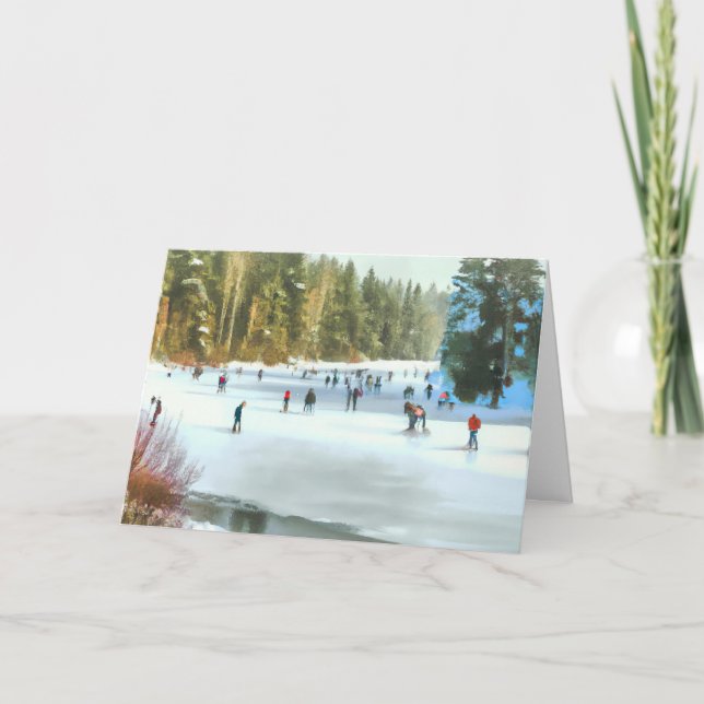 Carte Patineurs sur un paysage hivernal à l'aquarelle d' (Devant)