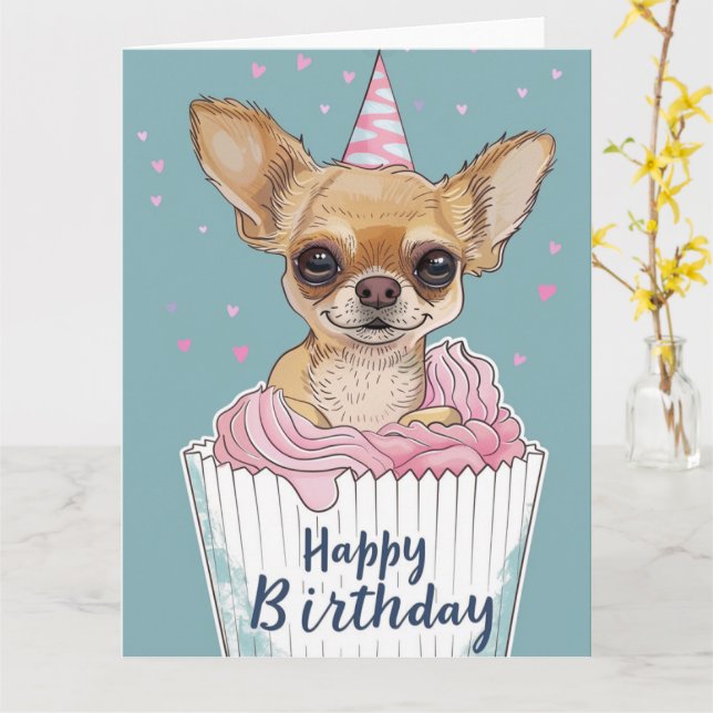 Carte Patte de Cupcake de Dessin Animé de Chihuahua (Fleur jaune)