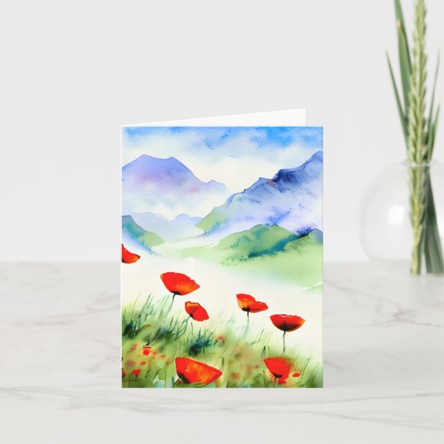 Carte Pavot d'aquarelle et montagne personnalisable (Devant)