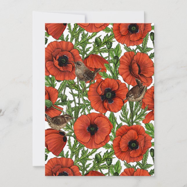 Carte Pavot rouge et brindilles, feuilles verts sur blan (Devant)