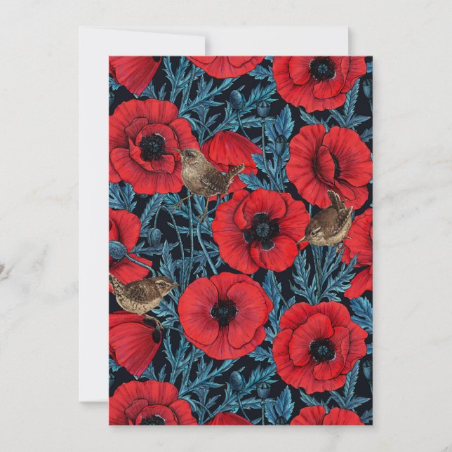 Carte Pavot rouge et brunes, feuilles bleus sur noir (Devant)