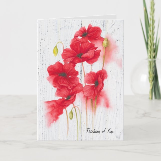 Carte pavot rouge sur bois blanc (Devant)