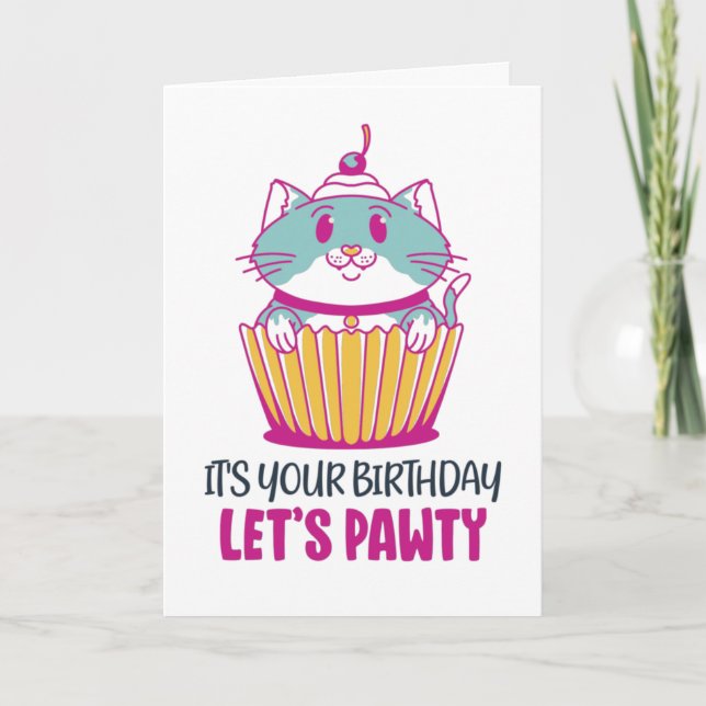 Carte Pawty Cupcake Kitten Drôle Chat Anniversaire (Devant)