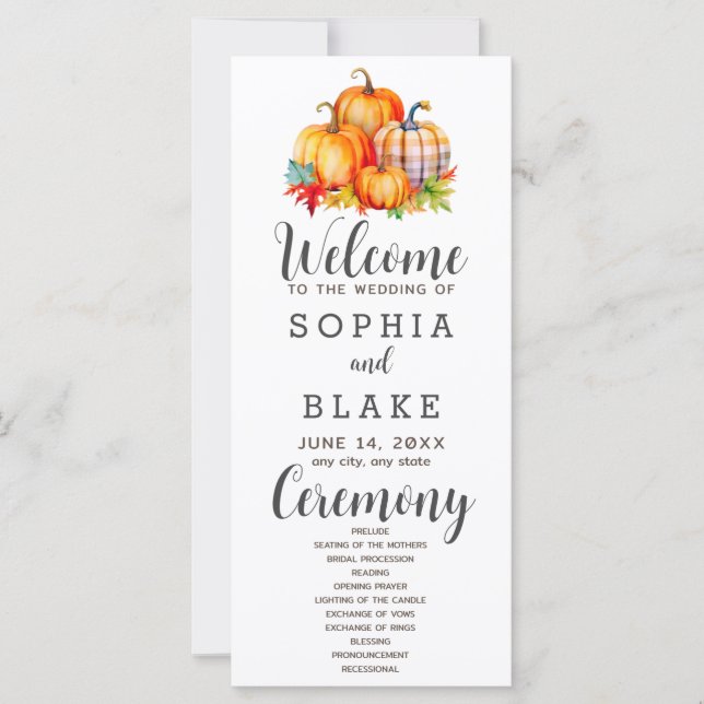 Carte Pays Citrouilles Plaid Fall White Wedding Programm (Devant)