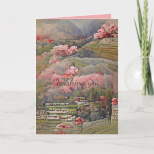 Carte Paysage japonais avec fleurs roses texte personnal