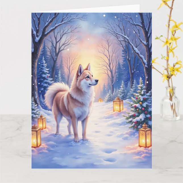 Carte Peaceful Akita on Snow Lantern Path Christmas Dog  (Fleur jaune)
