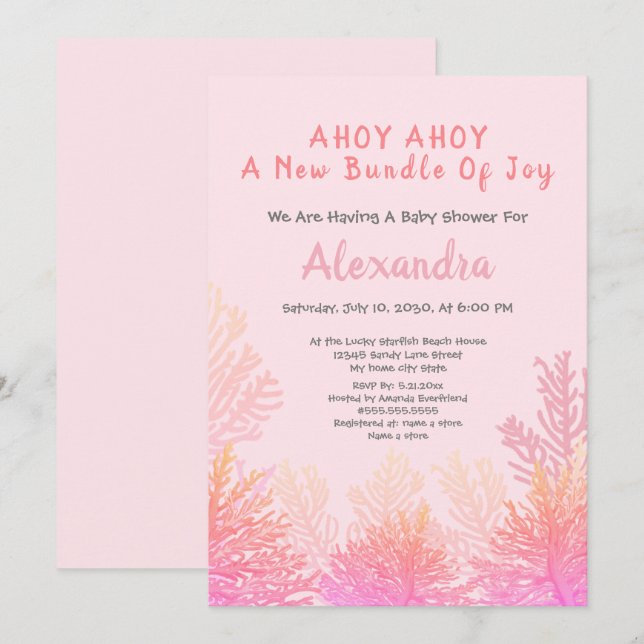 Carte Peach Coral rose Ahoy Girl Baby shower (Devant / Derrière)