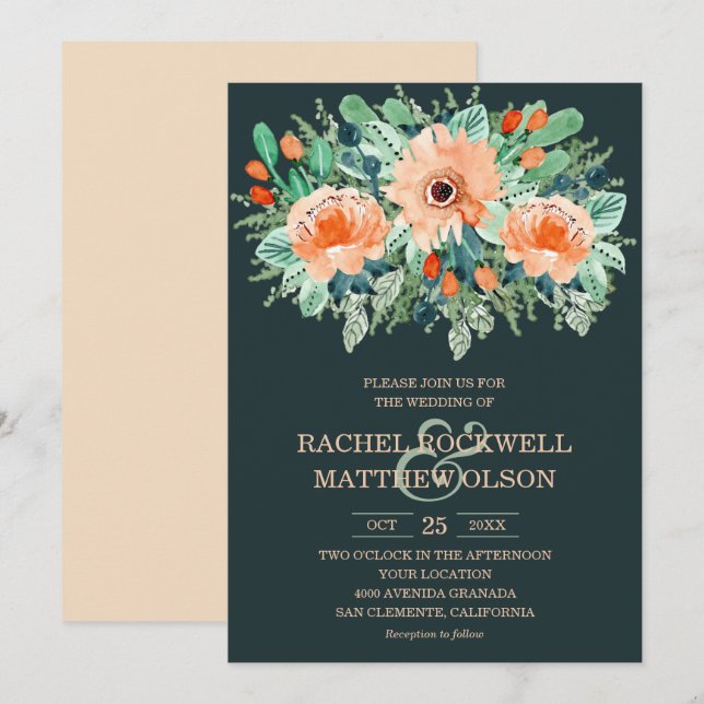 Carte Peach Jade Turquoise Floral Aquarelle Mariage Invi (Devant / Derrière)