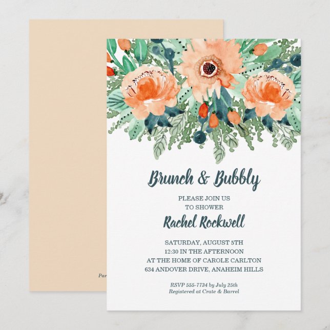 Carte Peach Jade Turquoise Floral Fêtes des mariées Invi (Devant / Derrière)
