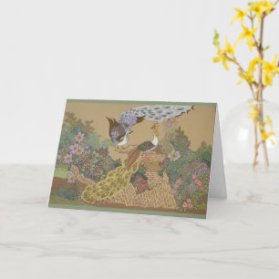 Carte Peacocs stylisés dans le jardin de fleurs