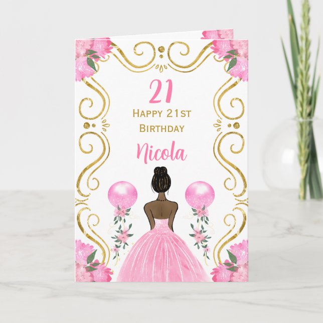 Carte Peau foncée princesse rose joyeux anniversaire (Devant)