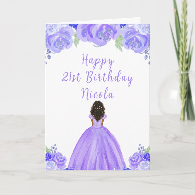 Carte Peau foncée princesse violet florale fête d'annive (Devant)