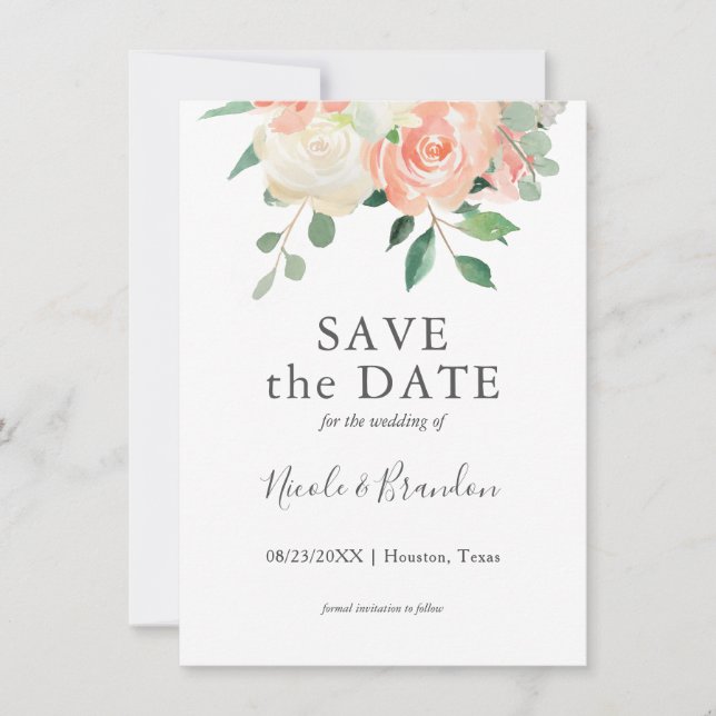 Carte Pêche aquarelle mariage floral Enregistrer la date (Devant)