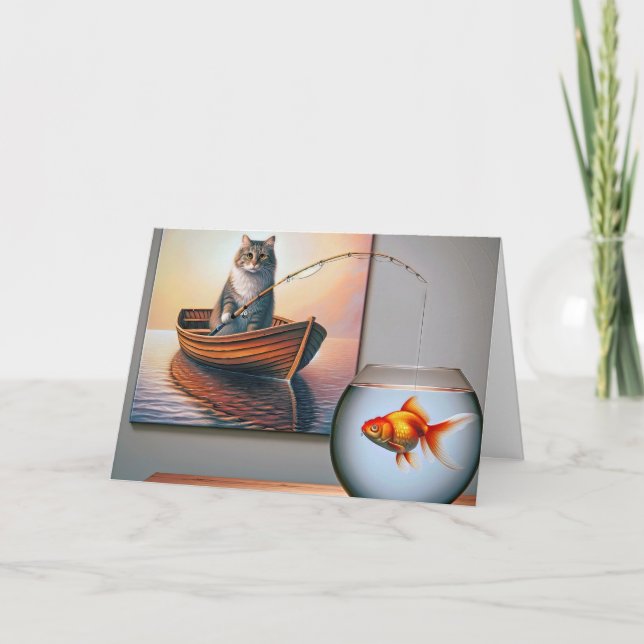 Carte Pêche au chat pour un anniversaire de poisson d'or (Devant)