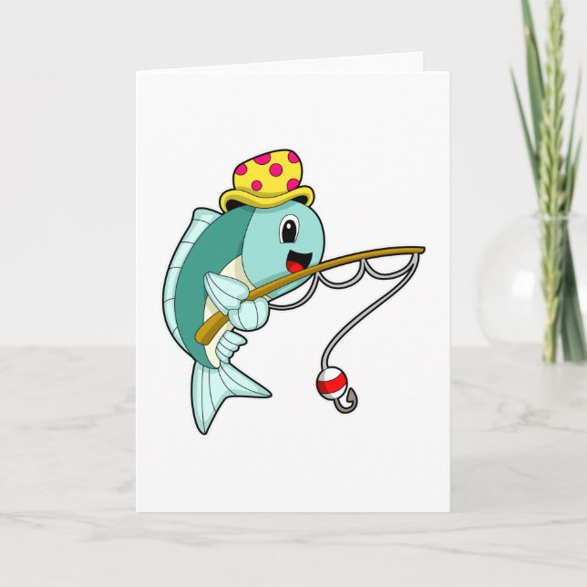 Carte Pêche au poisson avec canne à pêche et chapeau (Devant)