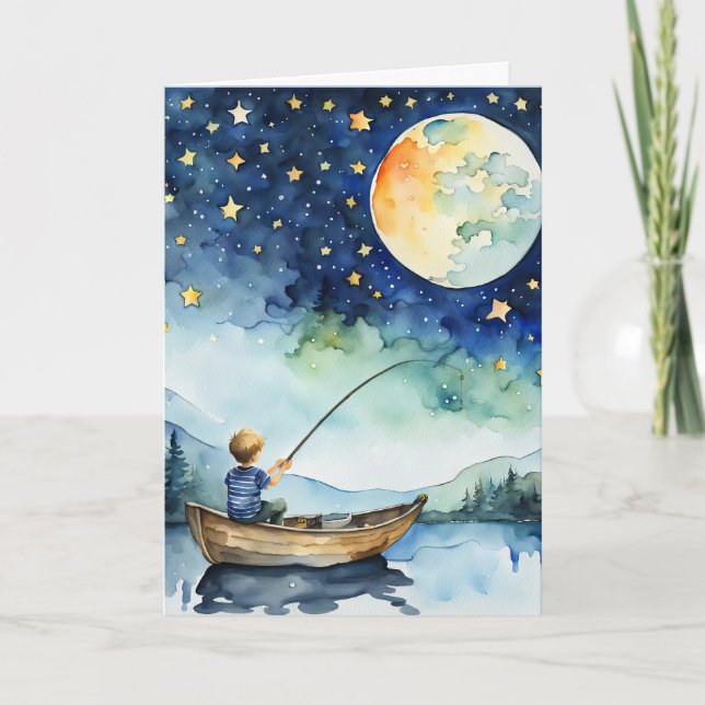 Carte Pêche Garçon En Pleine lune Anniversaire (Devant)
