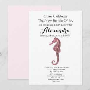 Carte Pêche Seahorse Rose Girl Baby shower Floral