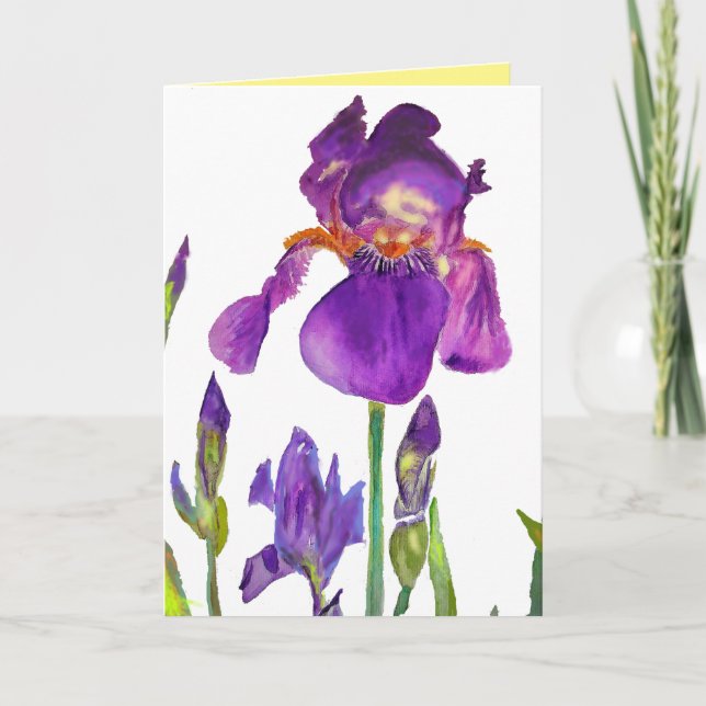 Carte Peinture aquarelle d'iris Fleur violette Art flora (Devant)
