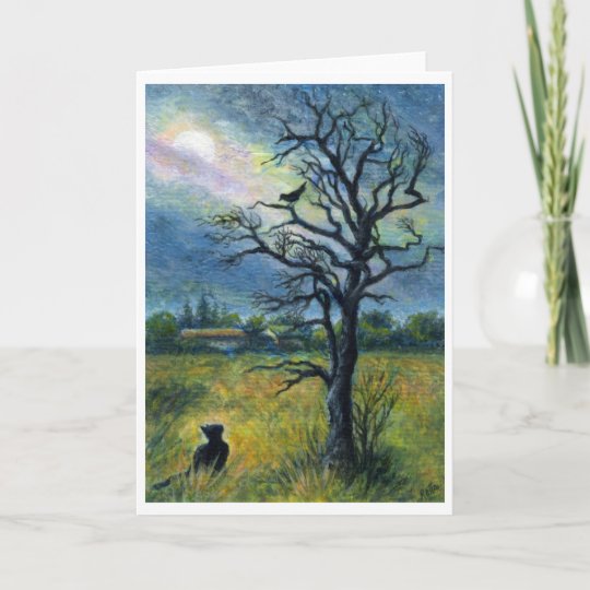 Carte Peinture Chat Oiseau Lune Et Paysage Acryliques Zazzle Ca