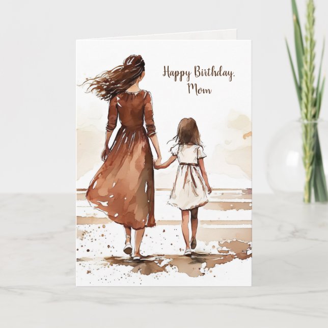 Carte Peinture d'aquarelle sur la plage mère et fille (Devant)