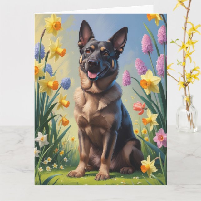 Carte Peinture de fleurs de printemps du Malinois belge (Fleur jaune)