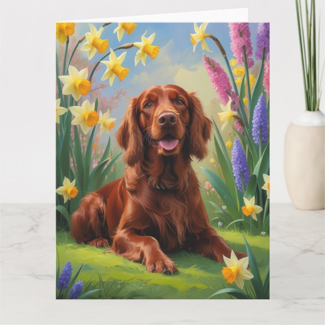 Carte Peinture de fleurs printanières avec chien Setter  (Devant)