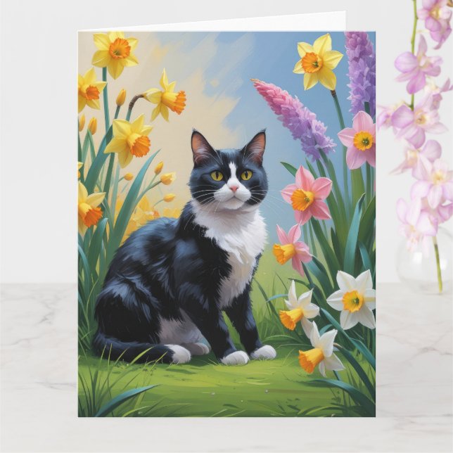 Carte Peinture de fleurs printanières de chat smoking  (Orchidée)