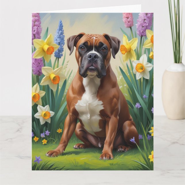 Carte Peinture de fleurs printanières de chien Boxer (Devant)