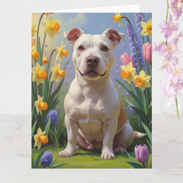 Carte Peinture de fleurs printanières de chien Bull Terr (Orchidée)
