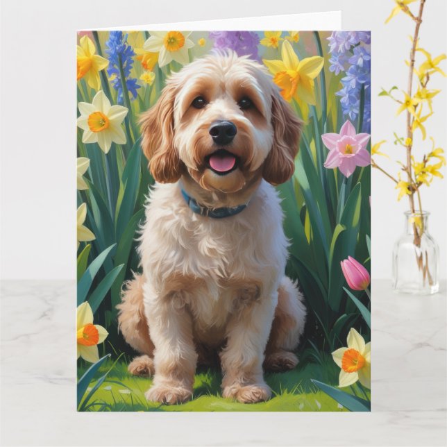Carte Peinture de fleurs printanières de chien Cockapoo (Fleur jaune)