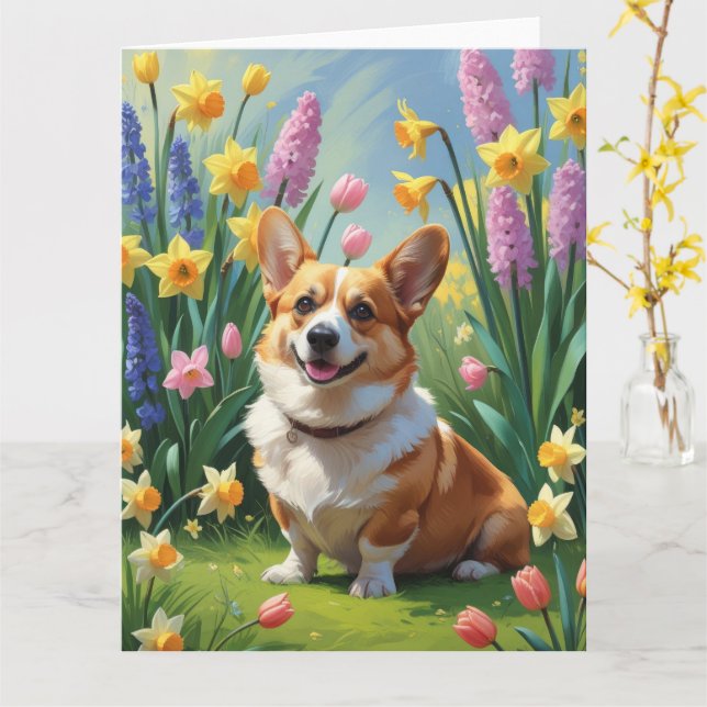 Carte Peinture de fleurs printanières de chien Corgi  (Fleur jaune)