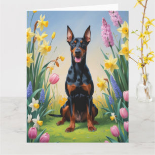Carte Peinture de fleurs printanières de chien Doberman