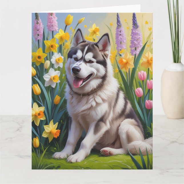 Carte Peinture de fleurs printanières de chien Husky sib (Devant)