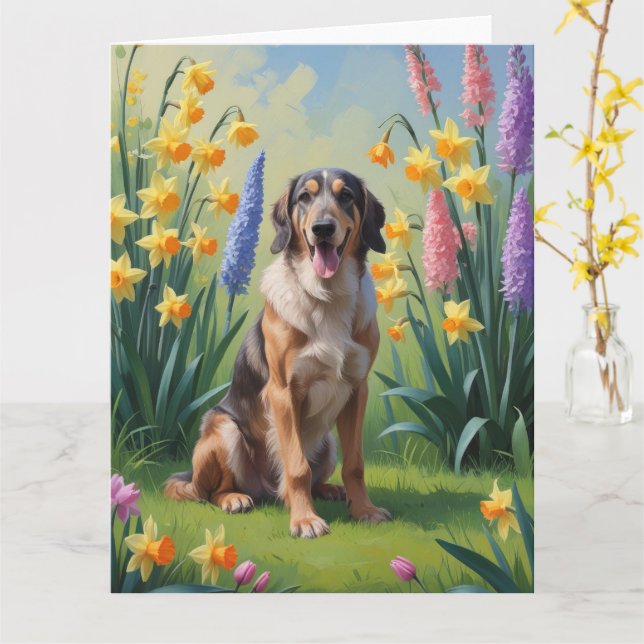 Carte Peinture de fleurs printanières de chien Lévrier (Fleur jaune)