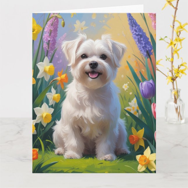 Carte Peinture de fleurs printanières de chien maltais (Fleur jaune)
