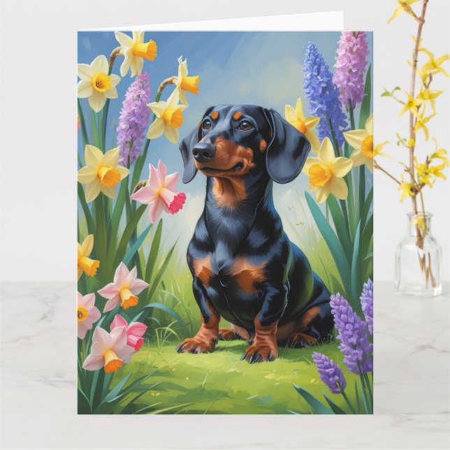 Carte Peinture de fleurs printanières de chien teckel (Fleur jaune)
