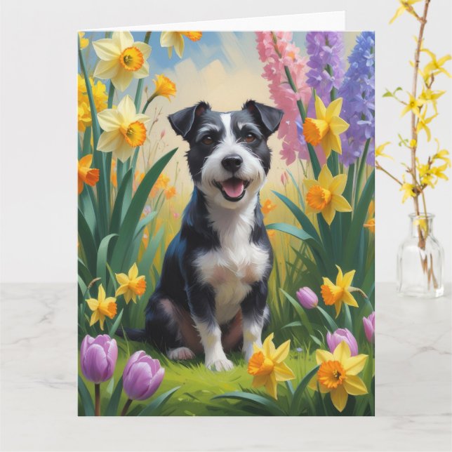 Carte Peinture de fleurs printanières de chien Terrier R (Fleur jaune)