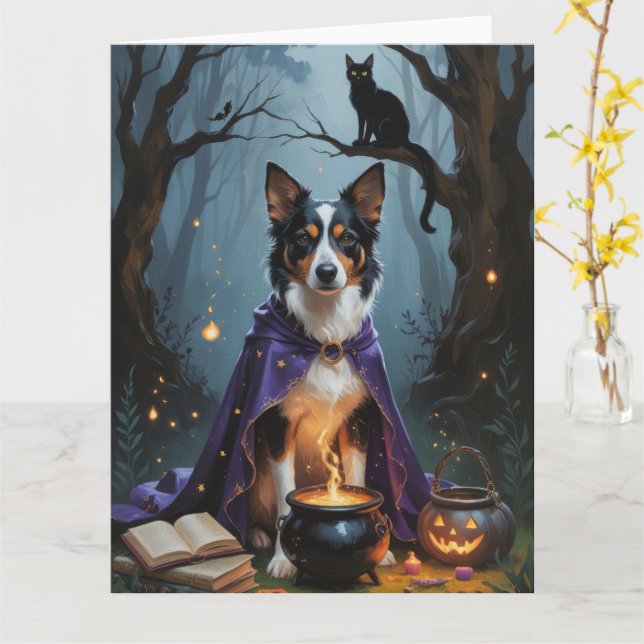 Carte Peinture de Halloween fantaisiste de chien Kelpie  (Fleur jaune)