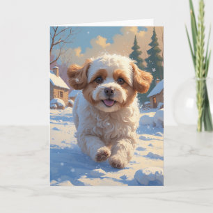 Carte Peinture de scène de Noël avec un Bichon Frise dan